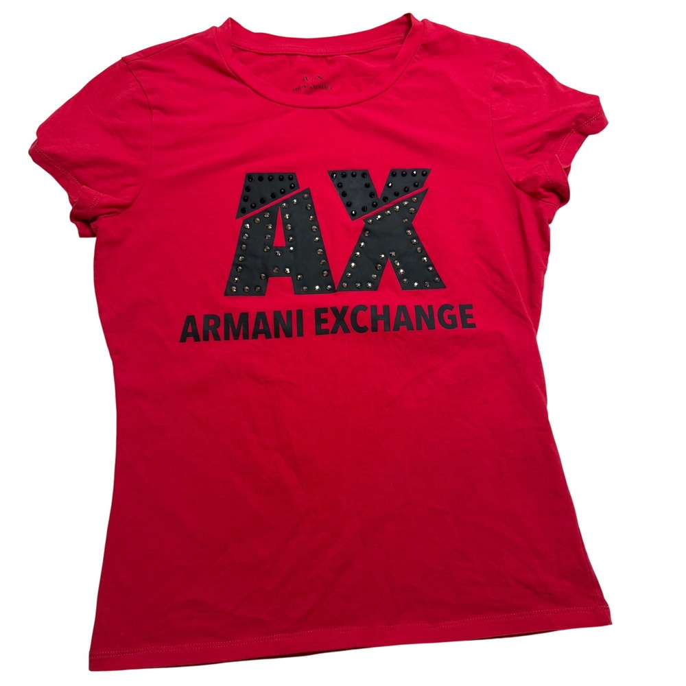 Armani Exchange Women Red Studded AX Logo Graphic T-Shirt Small